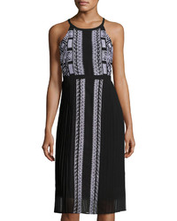 Neiman Marcus Embroidered Chiffon Pleated Dress Onyx