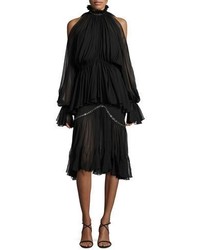 JONATHAN SIMKHAI Two Tier Pleated Cold Shoulder Cocktail Dress W Grommets