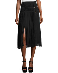 Cinq A Sept Damaris Pleated Silk Chiffon Midi Skirt Wdouble D Ring Belts Black