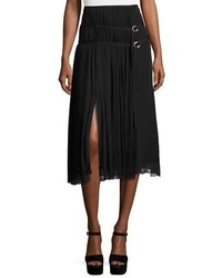 Cinq A Sept Damaris Pleated Silk Chiffon Midi Skirt Wdouble D Ring Belts Black