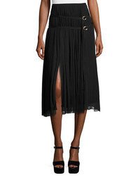 Cinq Sept Clothing Damaris Pleated Silk Chiffon Midi Skirt Wdouble D Ring Belts Black