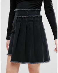 Asos Denim Asymmetric Pleated Skirt In Washed Black