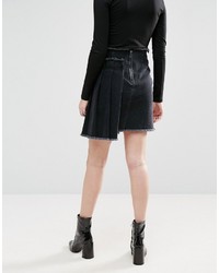 Asos Denim Asymmetric Pleated Skirt In Washed Black