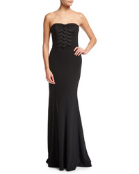 Badgley Mischka Strapless Pleated Front Column Crepe Evening Gown