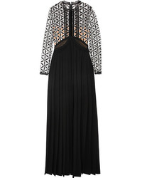 Self-Portrait Guipure Lace And Pleated Crepe Gown Black