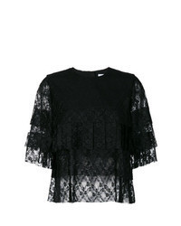 Black Pleated Lace Long Sleeve Blouse