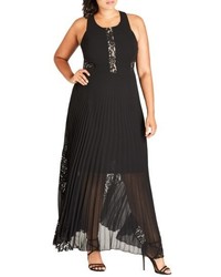 Black Pleated Lace Maxi Dress