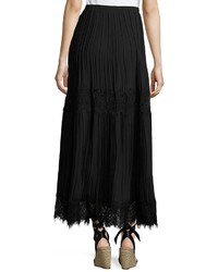 Max Studio Lace Inset Pleated Georgette Maxi Skirt Black