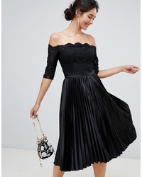 Chi Chi London Lace Top Midi Dress With Pleated Skirt In Black