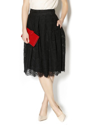 Black Pleated Lace Midi Skirt