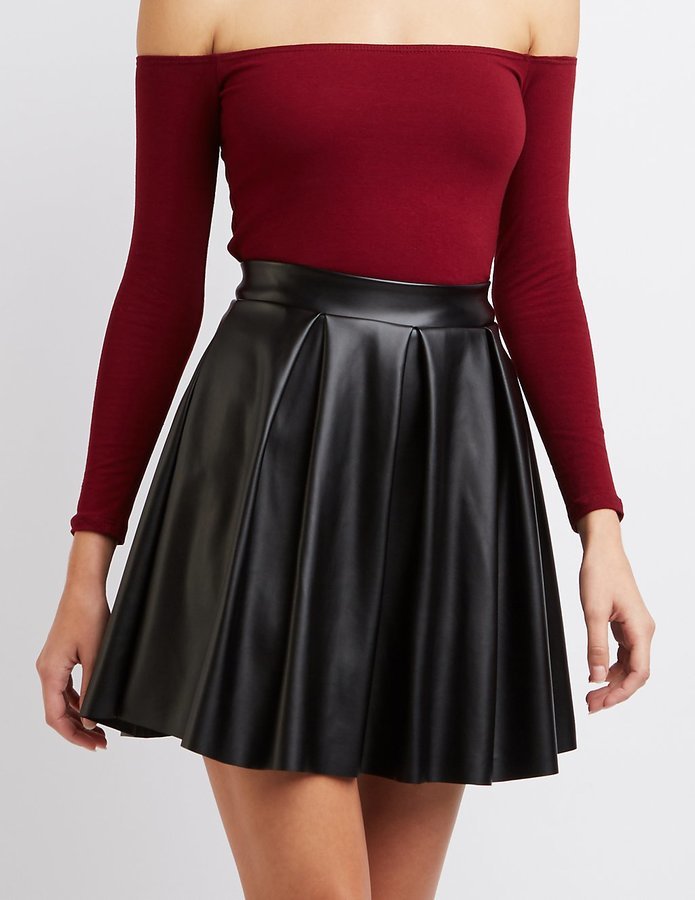 Charlotte Russe Pleated Faux Leather Skater Skirt, $22, Charlotte Russe