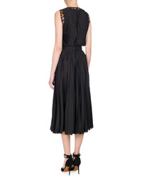 Givenchy Pansy Print Pleated Charmeuse Midi Dress Black