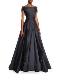 Black Pleated Satin Evening Dress
