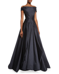 Zac Posen Off The Shoulder Pleated Ball Gown Black