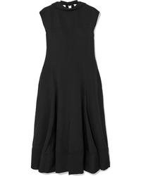 Black Pleated Satin Midi Dress