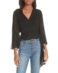 Black Pleated Silk Long Sleeve Blouse