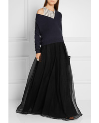 Brunello Cucinelli Pleated Crinkled Silk Maxi Skirt Black