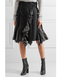 Sacai Ruffled Silk Organza Trimmed Pleated Poplin Skirt Black