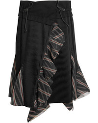 Sacai Ruffled Silk Organza Trimmed Pleated Poplin Skirt Black