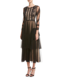 Marchesa Notte 34 Sleeve Two Tiered Pleated Tulle Cocktail Dress