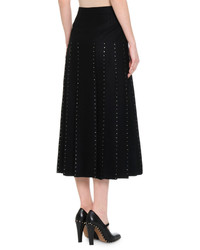Valentino Calf Length Pleated Skirt W Crystal Edge Tulle Inserts Black