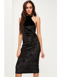 Missguided Black Pleated Velvet Halterneck Midi Dress