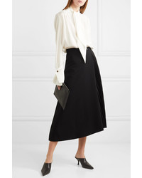 Akris Wrap Effect Wool Blend And Pleated Satin Midi Skirt