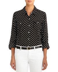 Jones New York Fitted Polka Dot Shirt With Roll Sleeves