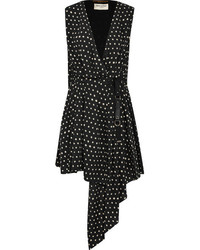 Saint Laurent Draped Polka Dot Crepe De Chine Mini Dress Black