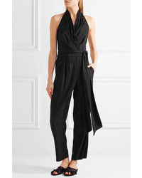 Diane von Furstenberg Polka Dot Silk Blend Wrap Jumpsuit Black