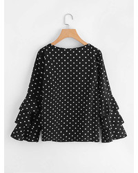 Romwe Tiered Fluted Sleeve Polka Dot Blouse