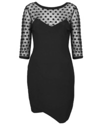 Topshop Scuba Bodycon Dress With Sequin Polka Dot Mesh Contrast Panel To The Neck And Sleeves With Zip Fastening To The Back And Asymmetric Hem Length 84cm 93% Polyester 7% Elastane Machine Washable