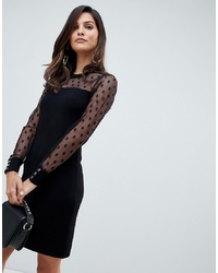 Morgan Pencil Dress With Dotty Mesh Sleeves In Black