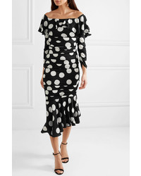 Dolce & Gabbana Ruched Polka Dot Stretch Silk Satin Midi Dress