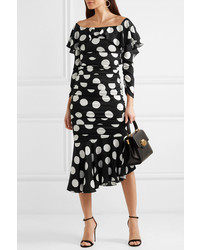 Dolce & Gabbana Ruched Polka Dot Stretch Silk Satin Midi Dress