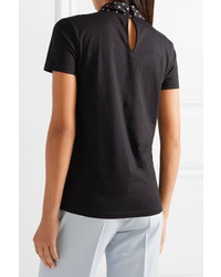 Miu Miu Polka Dot Silk Trimmed Cotton Jersey T Shirt Black