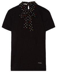 Miu Miu Polka Dot Silk Trimmed Cotton Jersey T Shirt Black