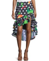 Caroline Constas Polka Dot Fruit Print Ruffled High Low Skirt