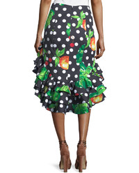 Caroline Constas Polka Dot Fruit Print Ruffled High Low Skirt