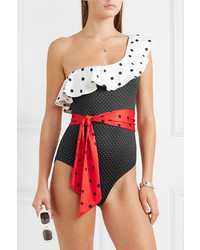 Ganni One Shoulder Ruffled Polka Dot Swimsuit