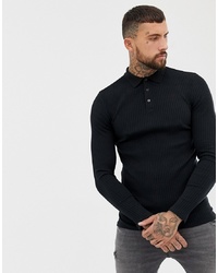 ASOS DESIGN Muscle Fit Long Sleeve Polo In Rib In Black