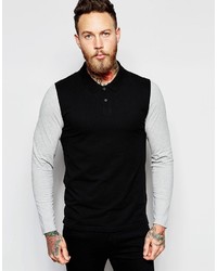 Asos Brand Long Sleeve Pique Muscle Polo With Contrast In Black