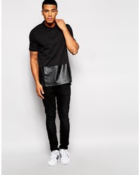 Asos Brand Longline Polo Shirt With Faux Leather Dropped Hem