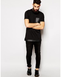 Asos Brand Longline Polo Shirt With Faux Leather Pocket Double Layer Hem