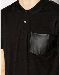 Asos Brand Longline Polo Shirt With Faux Leather Pocket Double Layer Hem