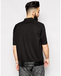 Asos Brand Polo Shirt With Zip Neck Drawcord Faux Leather Hem