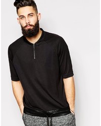 Asos Brand Polo Shirt With Zip Neck Drawcord Faux Leather Hem