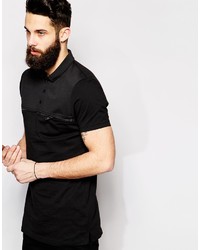 Asos Brand Super Longline Polo Shirt With Woven Panel And Chest Zip
