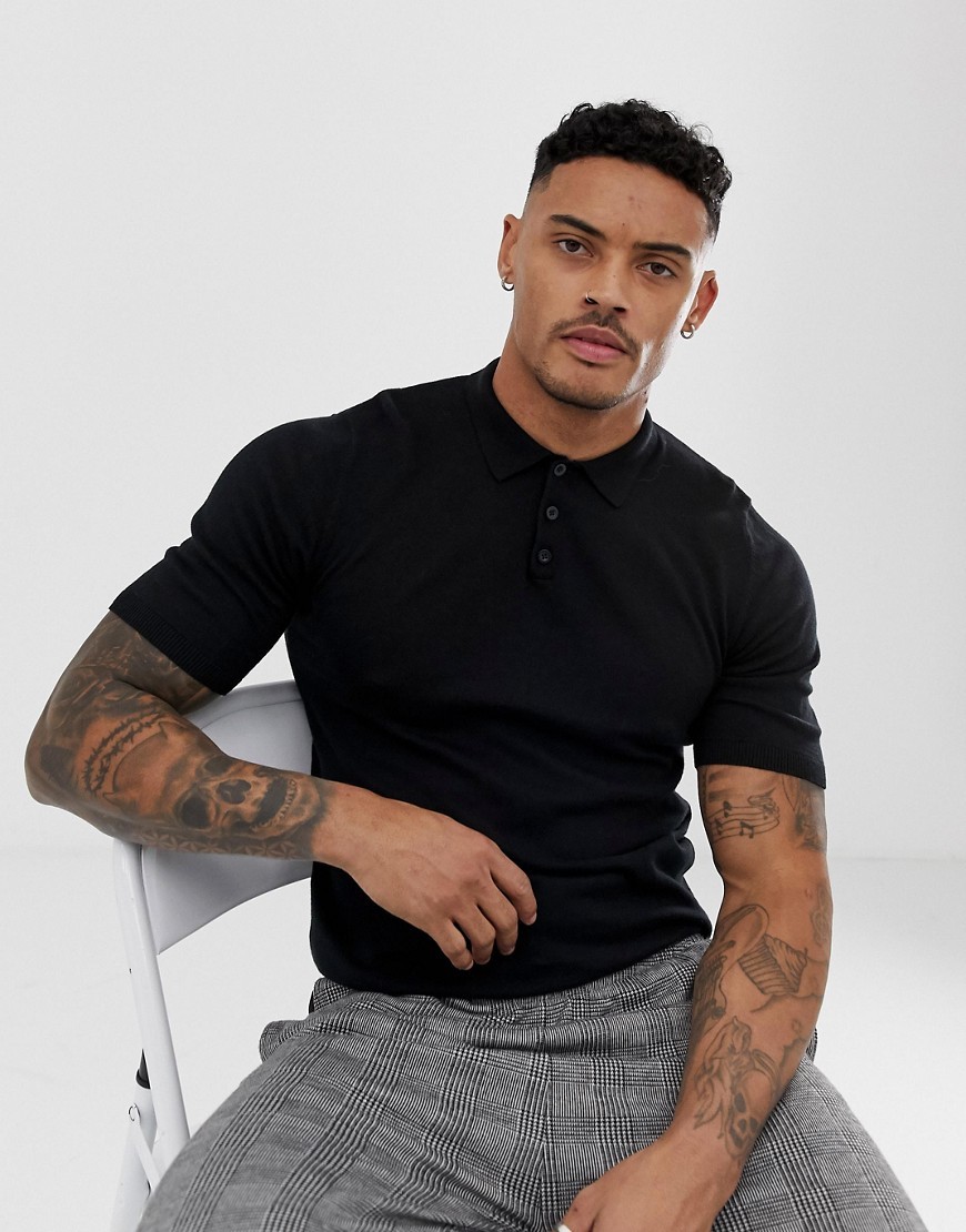 ASOS DESIGN Knitted Muscle Fit Polo T Shirt In Black, $17 | Asos ...
