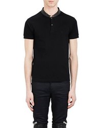 Saint Laurent Leather Collar Pique Polo Shirt Black